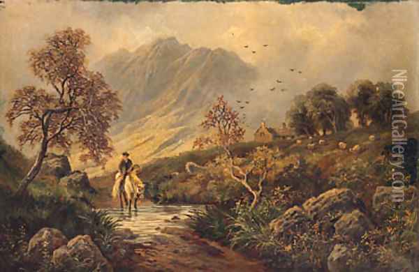 A Scotsman Returning Home In A Highland Landscape Oil Painting - Albert Dunnington