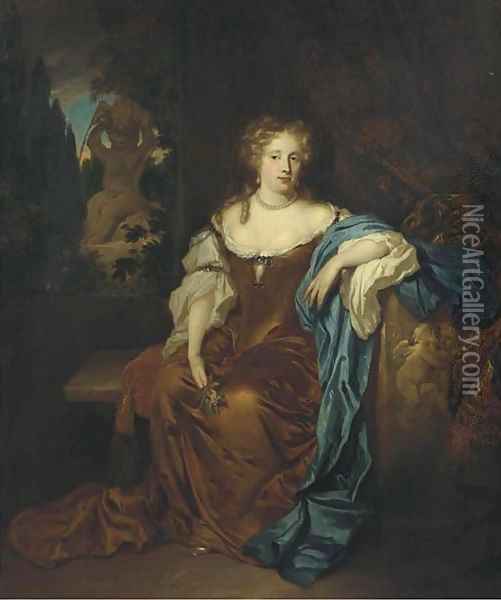 Portrait of a lady, full-length, in an ochre silk dress, seated on a terrace before a curtain, a fountain in a garden beyond Oil Painting - Caspar Netscher