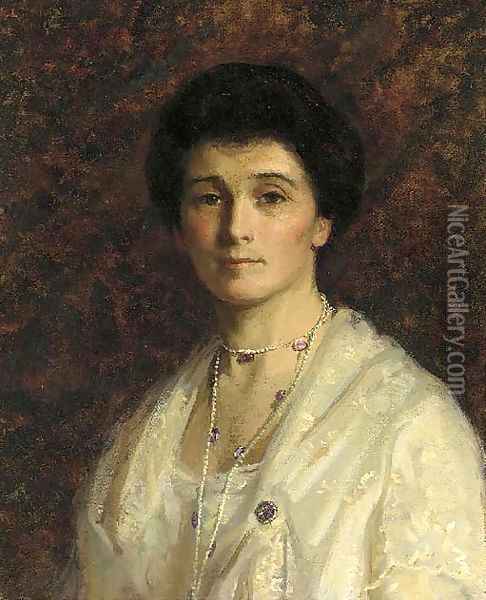 Portrait of a lady, bust-length, in a white dress Oil Painting - English School
