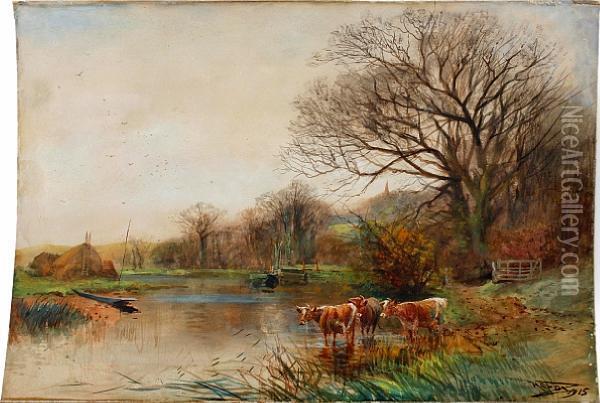 River Landscape With Cattle Watering Oil Painting - Henry Charles Fox