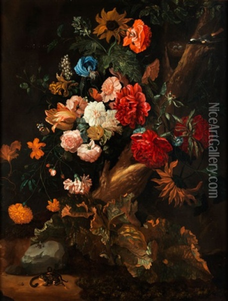 Blumenstuck Mit Gelbbauchunke Und Schlange Oil Painting - Ernst Stuven