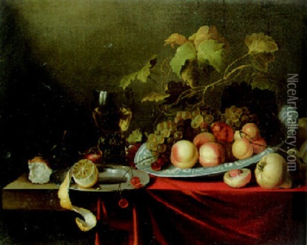 Grapes, Peaches And Other Fruit In A Bowl, Peeled Lemon On A Pewter Plate, Other Fruit On A Ledge Oil Painting - Michiel Simons