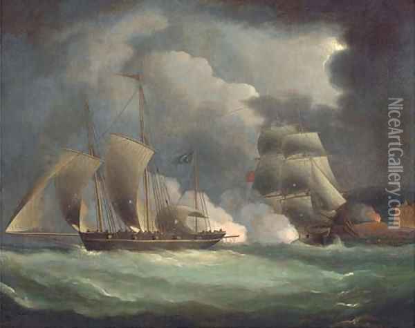 A British man-o'war engaging a pirate lugger off the coast Oil Painting - Thomas Buttersworth
