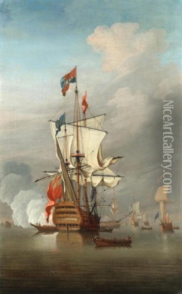 The Flagship Royal Sovereign Becalmed In An Anchorage With Other Ships Of The Fleet Nearby Oil Painting - Peter Monamy