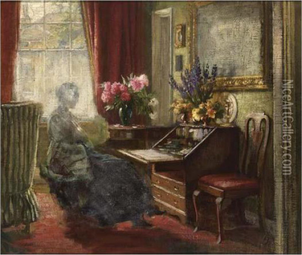 An Interior With A Woman Behind A Writing Table Oil Painting - Carl Vilhelm Holsoe