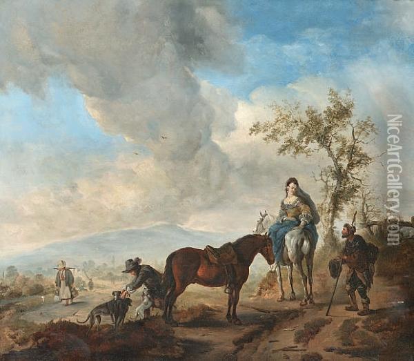 A Beggar Approaching A Lady On Horseback Oil Painting - Pieter Wouwermans or Wouwerman