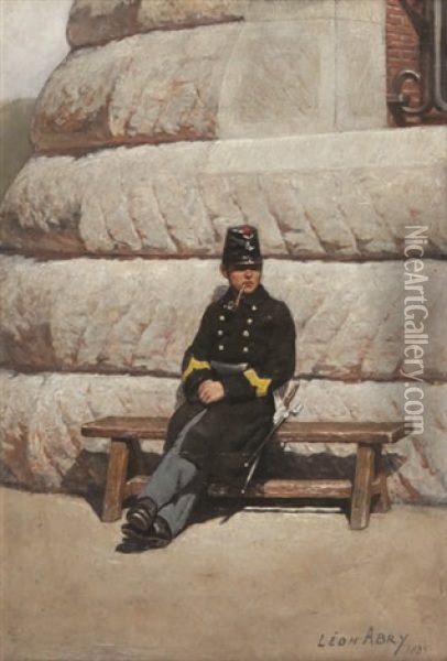 Soldat Se Reposant Sur Un Banc Devant La Caserne Oil Painting - Leon Eugene August Abry