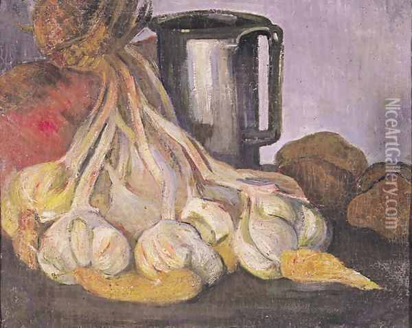 A Bunch of Garlic and a Pewter Tankard Oil Painting - Meyer Isaac de Haan