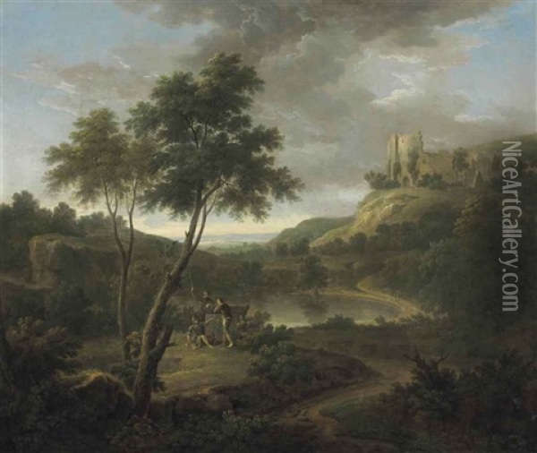Capriccio With Classical Sarcophagus And (?) Beeston Castle, Cheshire Oil Painting - George Lambert
