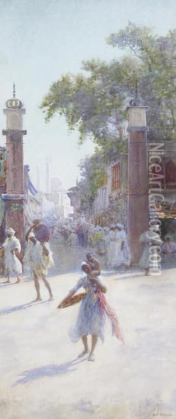 An Eastern Street Market Oil Painting - Alfred Edward Emslie
