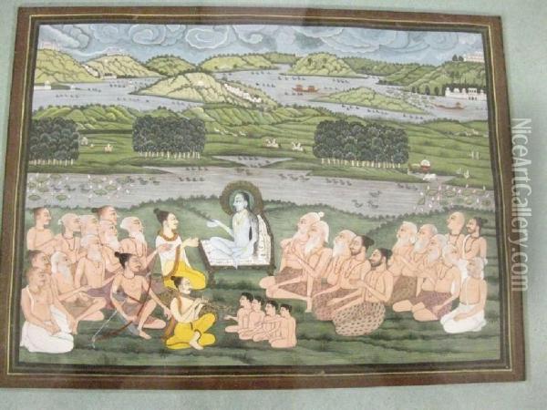 The Sage Sukhdev Reciting The Bhagauata Purana To The King Parikshit Oil Painting - Pichvai Kishangarh