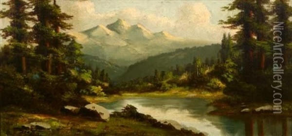River Mountain Landscape Oil Painting - Richard de Treville
