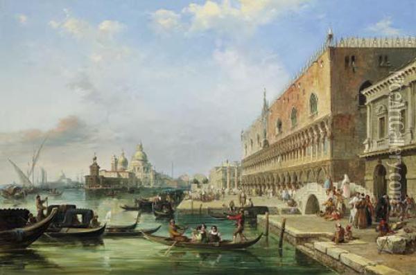 The Bacino, Venice, Looking 
Towards The Grand Canal, With Thedogana, The Salute, The Piazetta And 
The Doges Palace Oil Painting - Edward Pritchett