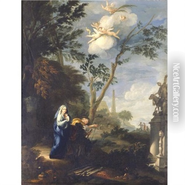 Landscape With The Flight Into Egypt (attr. In Collab. W/filippo Lauri) Oil Painting - Gaspard Dughet