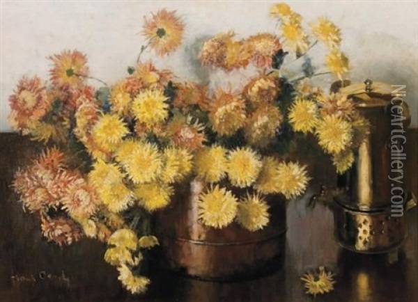 Still-life Of Chrysanthemums And A Konfoor Oil Painting - Frans David Oerder