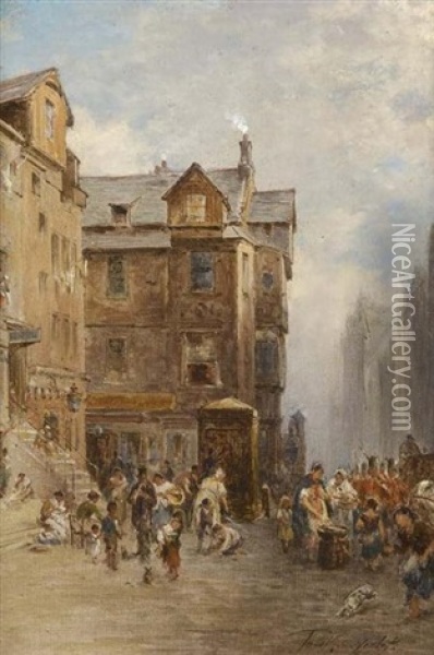 A Busy View Of The Royal Mile, Edinburgh Oil Painting - Pollock Sinclair Nisbet