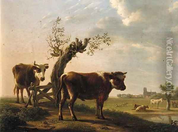 A bull and a cow by a pollarded willow, Dordrecht beyond, in summer Oil Painting - Gillis Smak Gregoor