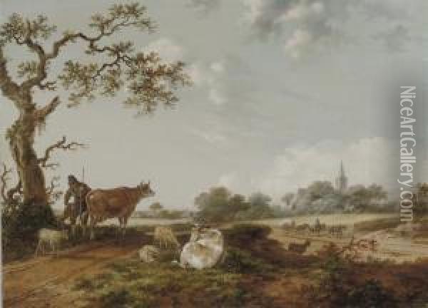 A Dune Landscape With A Peasant Guarding His Cattle And Sheep Oil Painting - Fredericus Theodorus Renard