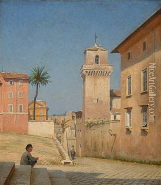 Boy On A Staircase In Italy Oil Painting - Axel Johansen