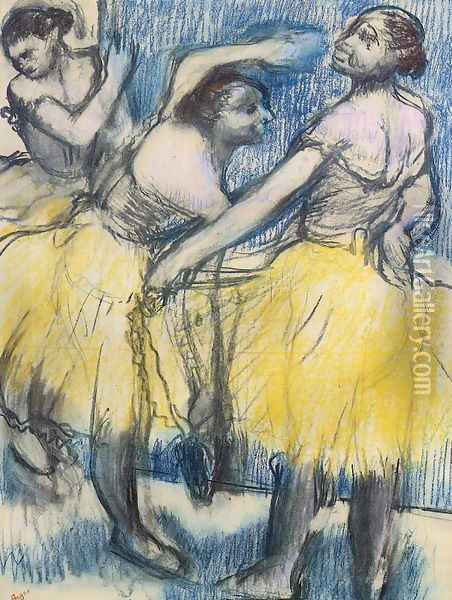 Three Dancers in Yellow Skirts Oil Painting - Edgar Degas