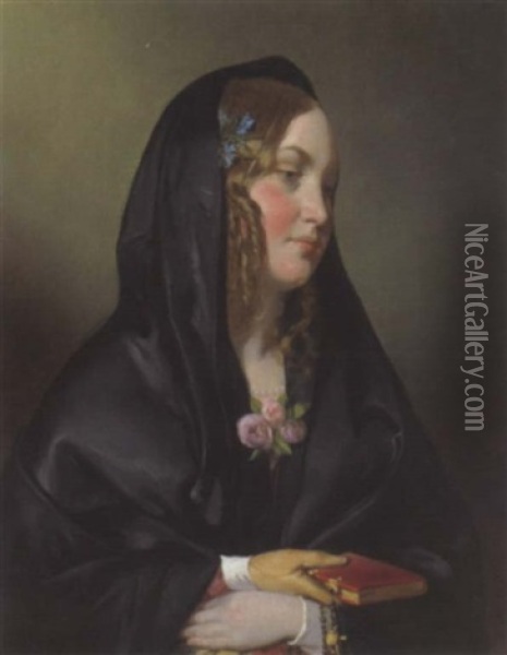 Luise Kas Als Kirchgangerin Mit Schwarzem Kopftuch Oil Painting - Friedrich von Amerling