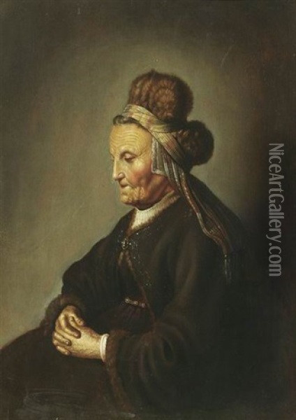 Portrat Einer Alten Frau, Sitzend Mit Pelzkappe, Im Profil, Die Hande Im Schos Gefaltet Oil Painting -  Rembrandt van Rijn