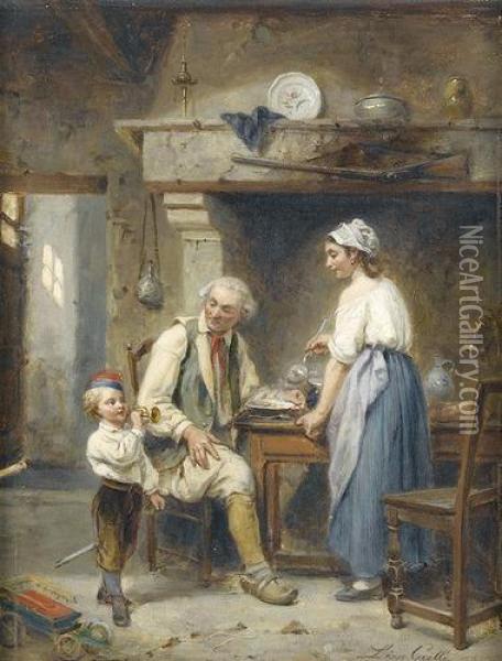 Kucheninterieur Mit Einer Jungen Familie Am Tisch. Oil Painting - Leon Caille
