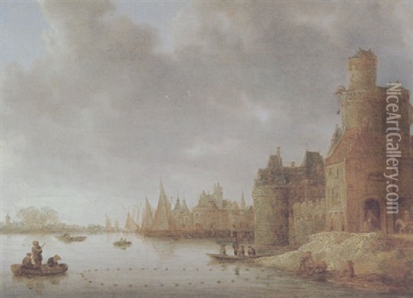 Stadt An Einem Fluss Mit Booten Und Anglern Oil Painting - Jan Coelenbier