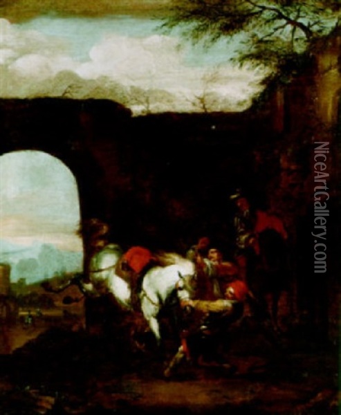 Farriers Restraining A Horse Oil Painting - Johann Melchior Roos