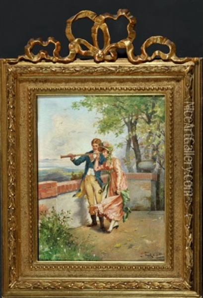Junges Parchen Blickt Mit Fernrohr Von Einem Aussichtspunkt In Eine Weite Landschaft Oil Painting - Julius Frank
