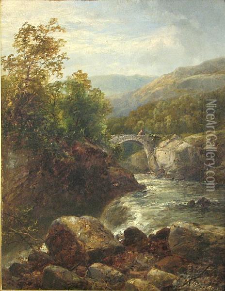 A River Landscape With A Footbridge In Thedistance Oil Painting - James Burrell-Smith