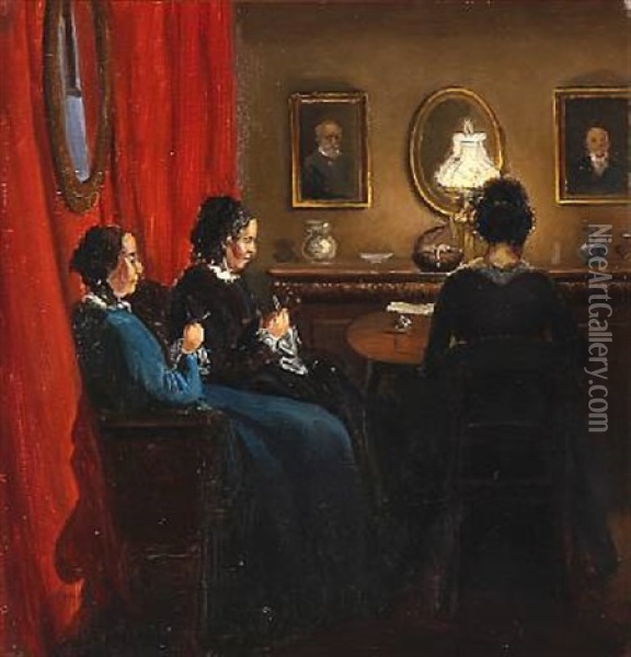 Interior With Women Knitting Oil Painting - Viggo Pedersen