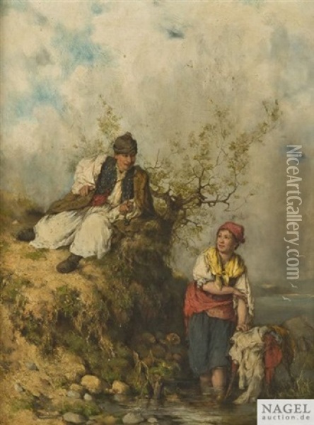 Ungarisches Bauernpaar An Einem Seeufer Oil Painting - Otto Baditz