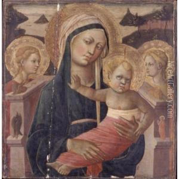 Madonna And Child Enthroned, 
Flanked By Two Female Saints And The Symbols Of The Four Evangelists Oil Painting - Giovanni di ser Giovanni Guidi (see Scheggia)
