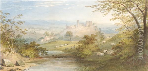 Anextensive Landscape With Sheep And Castle Ruins Oil Painting - Charles Frederick Buckley