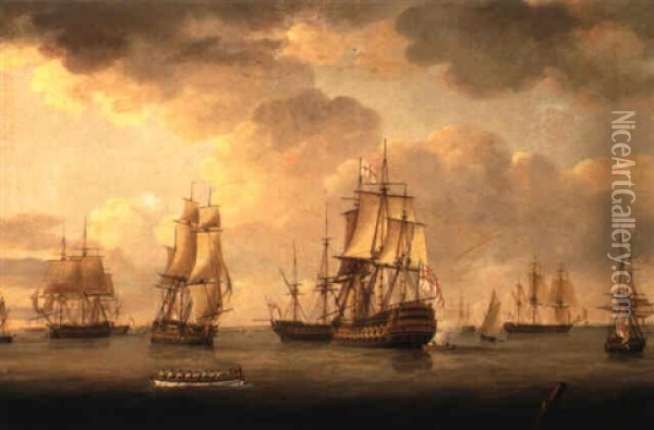 Vice-admiral Sir Allen Gardner In A Three-decker At Spithead Oil Painting - Thomas (Captain) Elliott