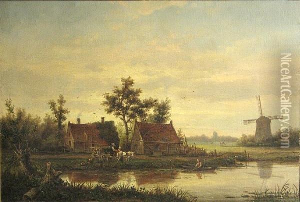 Cottages By The Water's Edge With A Windmill In The Distance Oil Painting - Jan Hermanus Melcher Tilmes