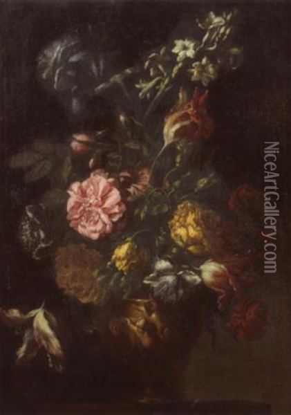 Bouquet De Fleurs Dans Un Vase Sculpte Sur Un Entablement Oil Painting - Mario Nuzzi
