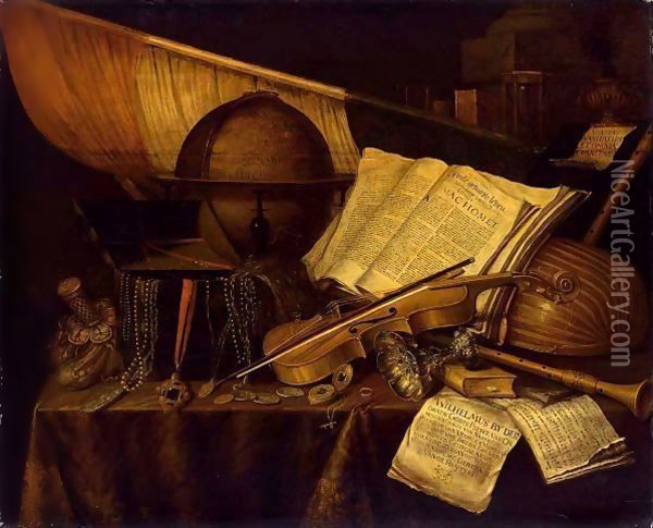 A Vanitas Still Life With Books And Leaflets, A Globe, A Princely Flag, A Musical Score, Musical Instruments Oil Painting - Edwart Collier
