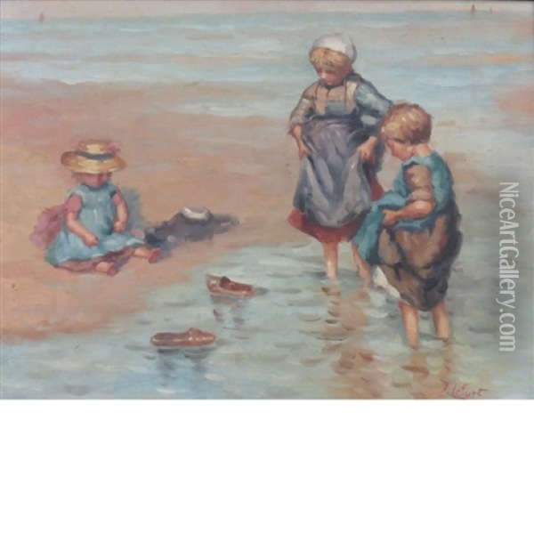 Children On A Beach Oil Painting - Jean Lefort