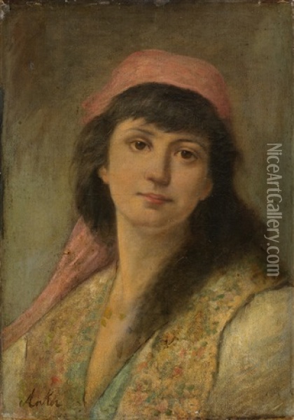 Jeune Femme Au Foulard Rouge Oil Painting - Albert Anker