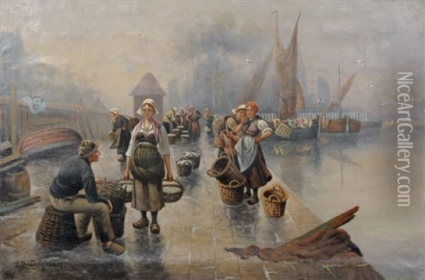Auf Dem Fischmarkt Am Hafen Oil Painting - Adolf (Constantin) Baumgartner-Stoiloff