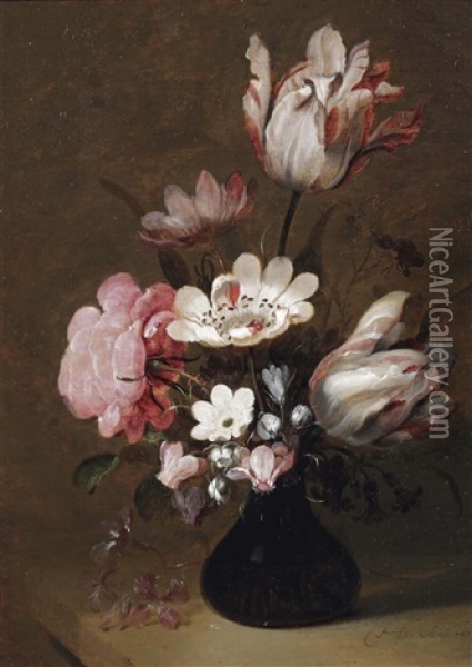 A Glass Vase With Tulips, Peonies And Other Flowers On A Stone Ledge Oil Painting - Hans Bollongier