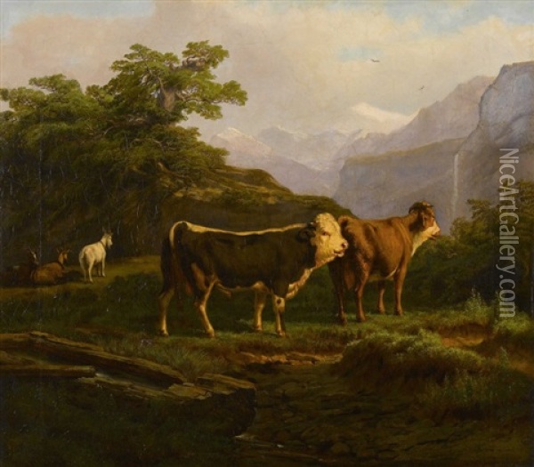 Kuhe Und Ziegen Vor Den Berner-alpen Oil Painting - Ludwig August Burckhardt