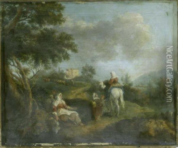 Italian Unframed Oil On Canvas Travellers In A Landscape 17 X 20.75in Oil Painting - Francesco Zuccarelli