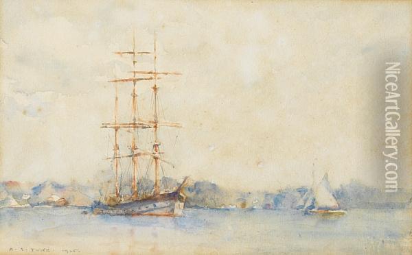 A Three-masted Barque In An Estuary Oil Painting - Henry Scott Tuke