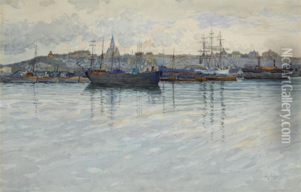 Harbor Scene Oil Painting - Gunnar M. Widforss