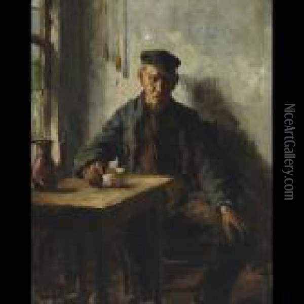 A Mid Day Prayer; Old Peasant Resting In A Kitchen Oil Painting - Bernard Johann De Hoog