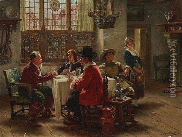 Men Playing Cards Oil Painting - Albert Friedrich Schroeder