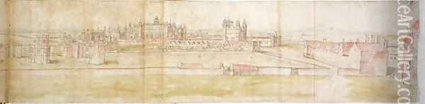 Hampton Court Palace from the North, from The Panorama of London, c.1544 3 Oil Painting - Anthonis van den Wyngaerde